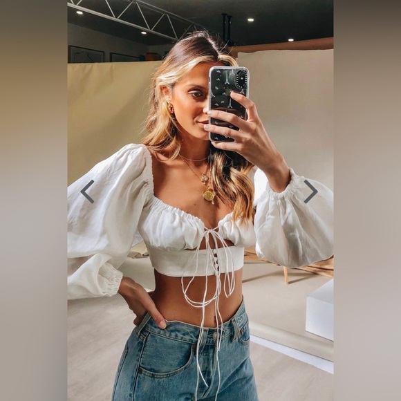 Vrg grl twist crop top tie 2 button shirred bustier abstract poplin puff balloon - Picture 4 of 11